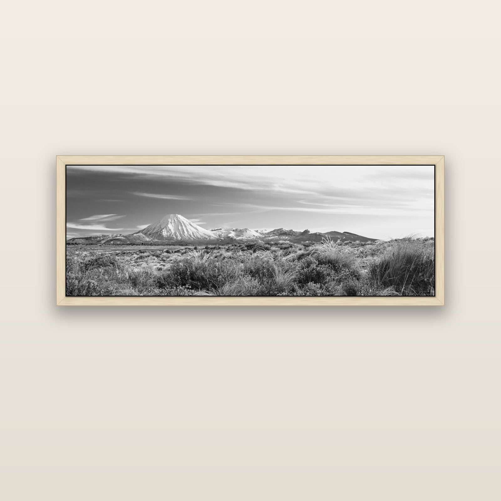 Ngauruhoe Cone, Tongariro National Park — natural float frame canvas, 152 × 56 cm. New Zealand fine art landscape wall art by Stephen Milner.
