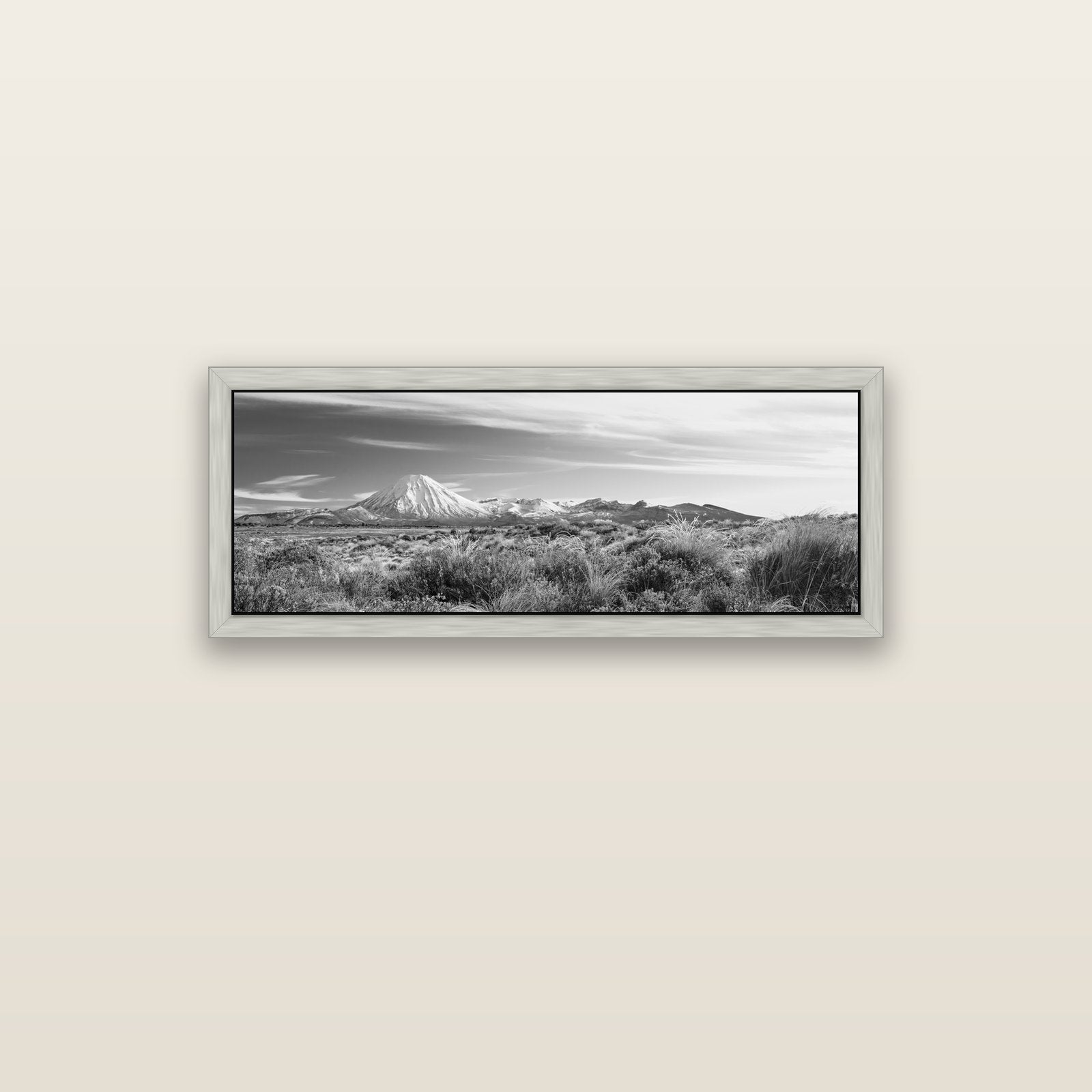 Ngauruhoe Cone, Tongariro National Park — silver float frame canvas, 102 × 36 cm. New Zealand fine art landscape wall art by Stephen Milner.