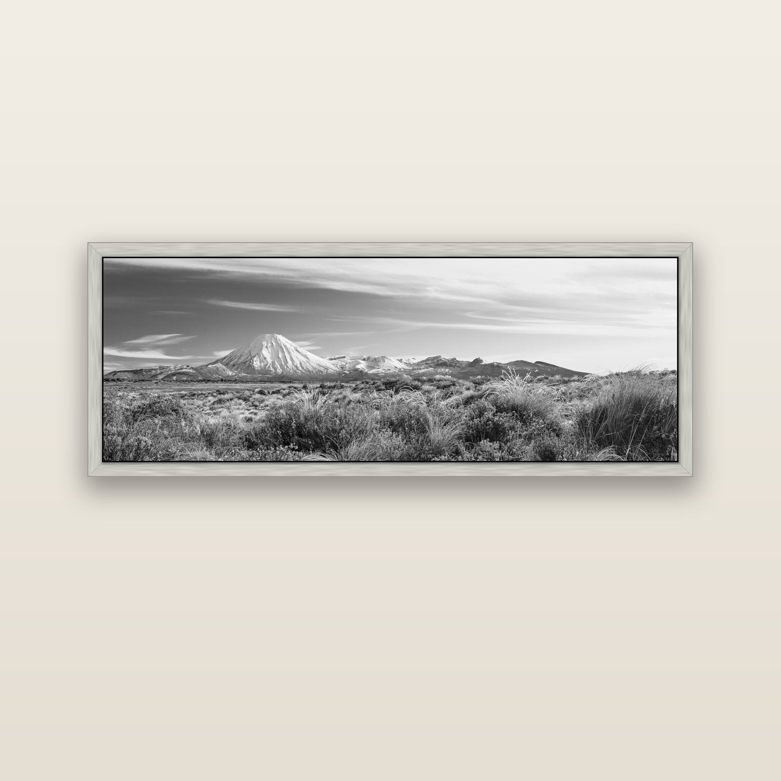 Ngauruhoe Cone, Tongariro National Park — silver float frame canvas, 152 × 56 cm. New Zealand fine art landscape wall art by Stephen Milner.