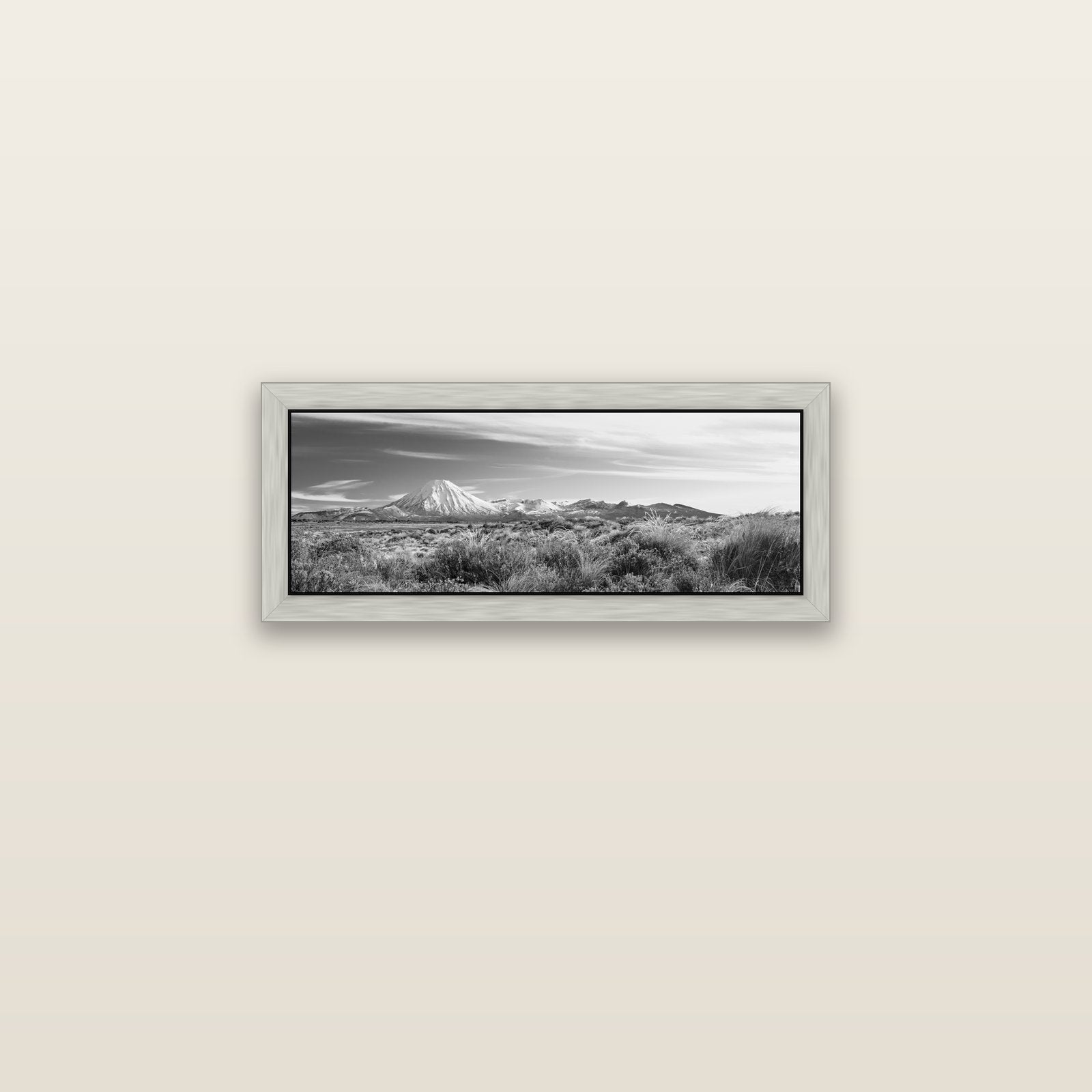 Ngauruhoe Cone, Tongariro National Park — silver float frame canvas, 71 × 25 cm. New Zealand fine art landscape wall art by Stephen Milner.