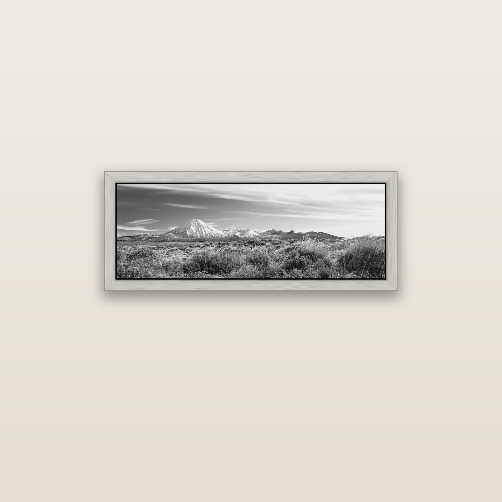 Ngauruhoe Cone, Tongariro National Park — silver float frame canvas, 91 × 31 cm. New Zealand fine art landscape wall art by Stephen Milner.