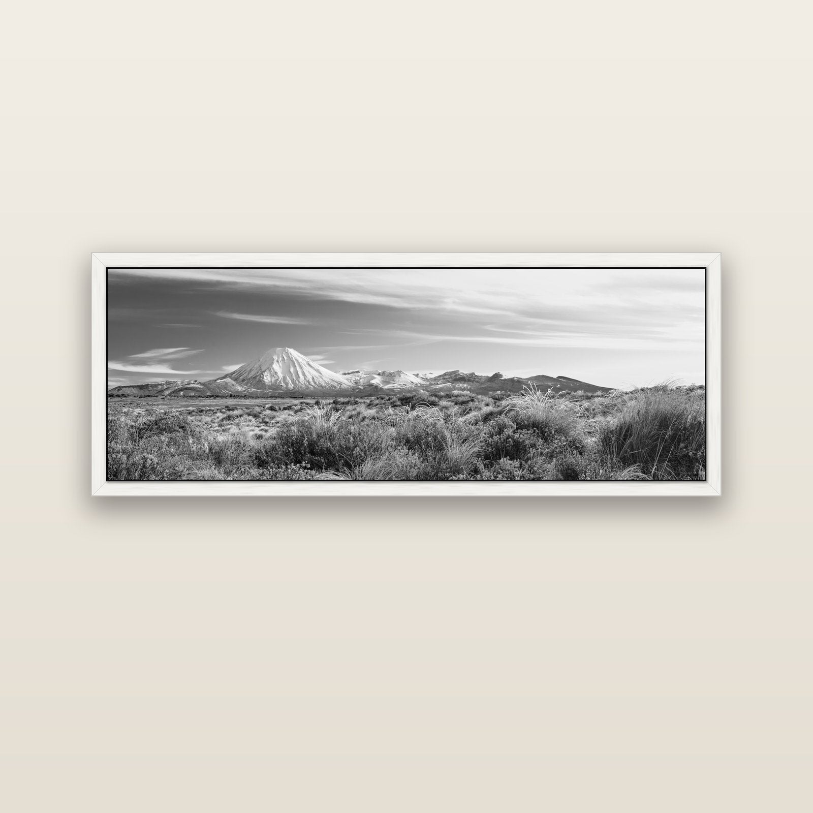 Ngauruhoe Cone, Tongariro National Park — white float frame canvas, 152 × 56 cm. New Zealand fine art landscape wall art by Stephen Milner.