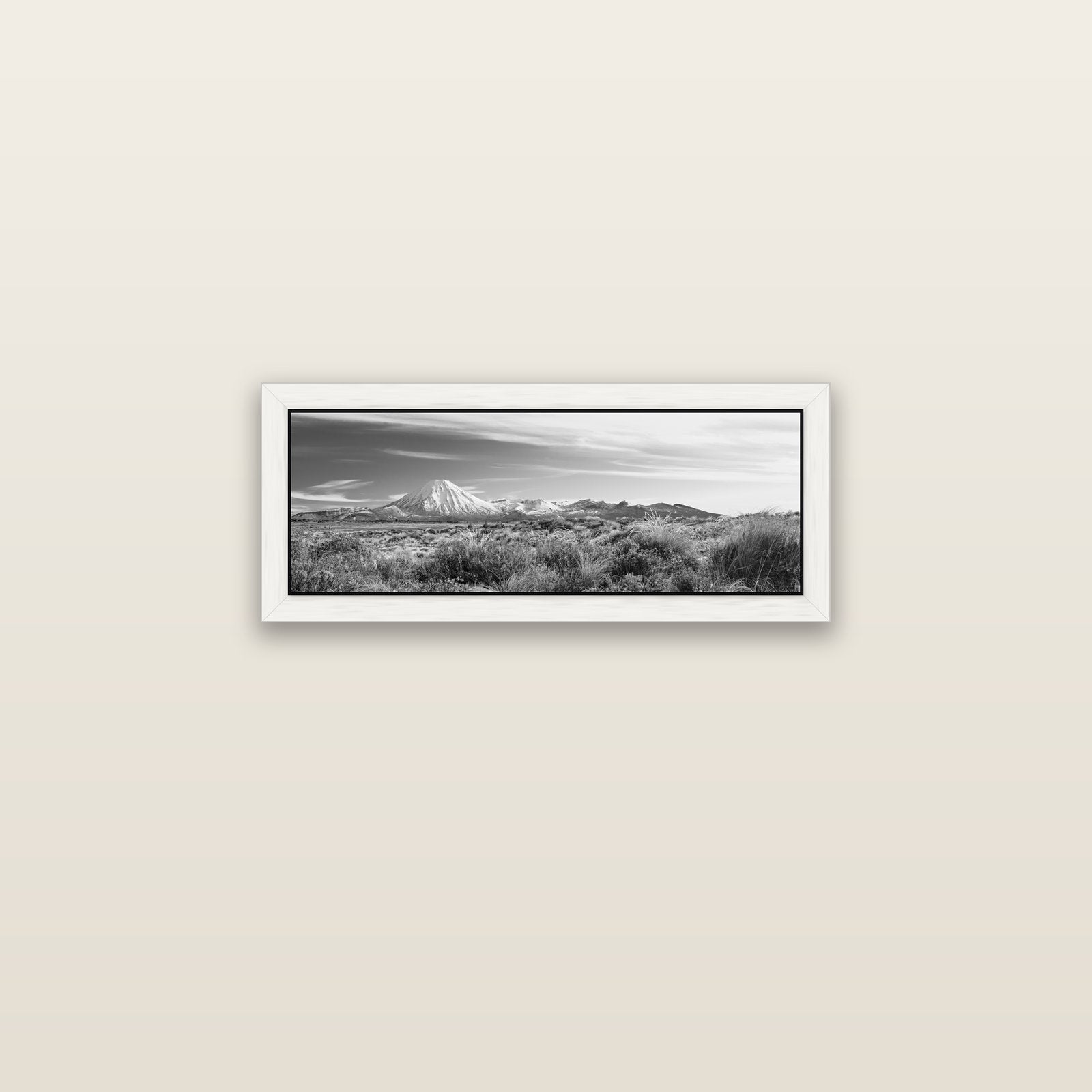 Ngauruhoe Cone, Tongariro National Park — white float frame canvas, 71 × 25 cm. New Zealand fine art landscape wall art by Stephen Milner.