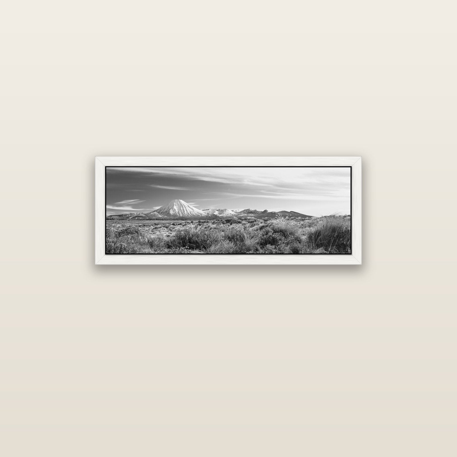Ngauruhoe Cone, Tongariro National Park — white float frame canvas, 91 × 31 cm. New Zealand fine art landscape wall art by Stephen Milner.