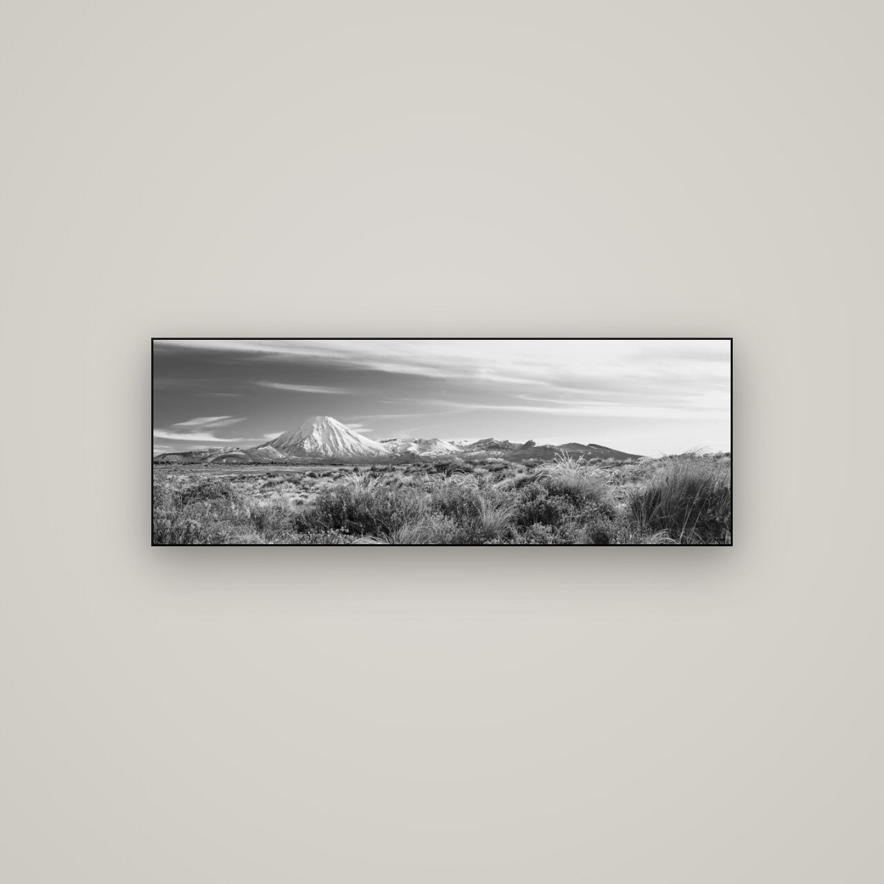 Ngauruhoe Cone, Tongariro National Park — Slimline Black, 113×40 cm. New Zealand fine art wall art by Stephen Milner.