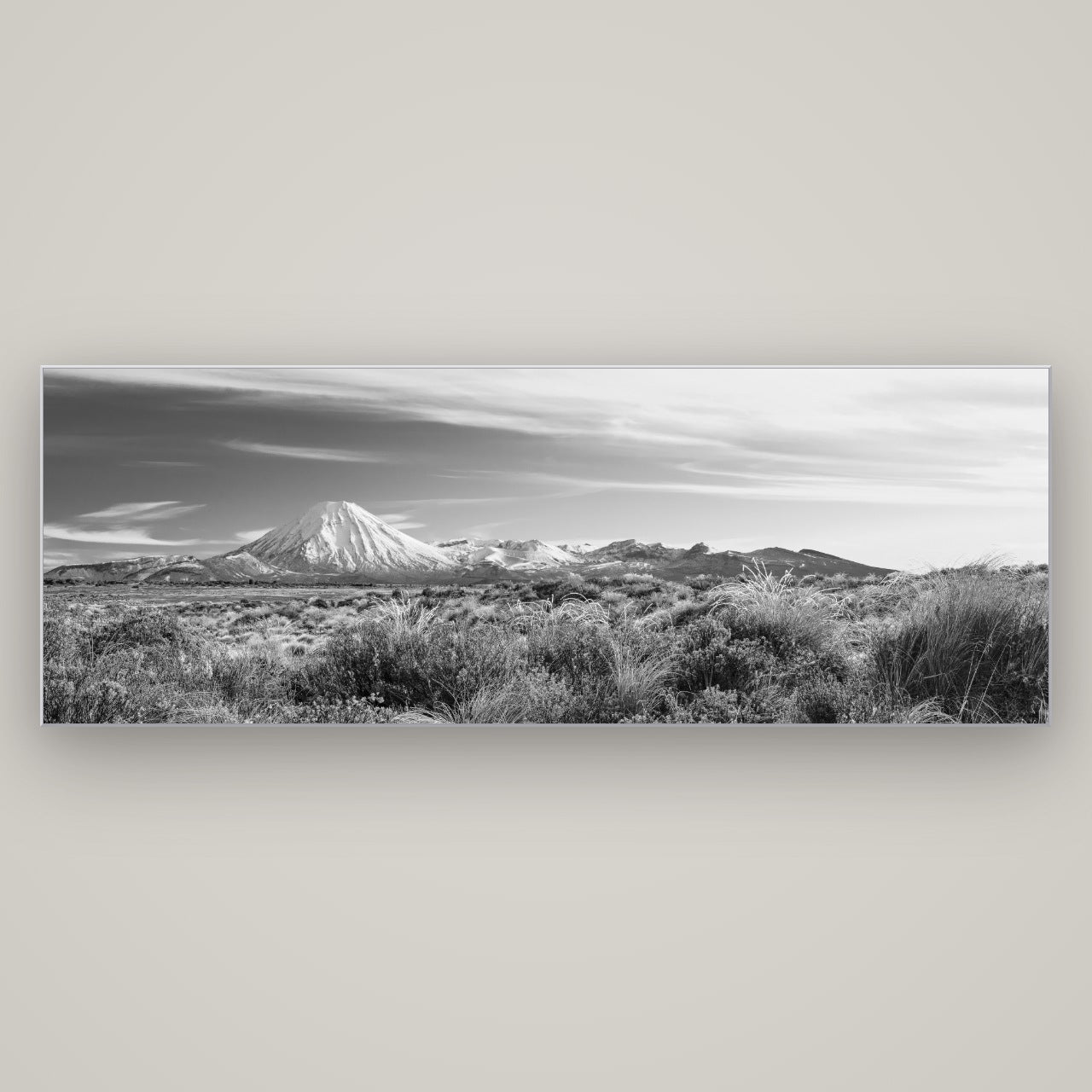 Ngauruhoe Cone, Tongariro National Park — Slimline Silver, 198×70 cm. New Zealand fine art wall art by Stephen Milner.