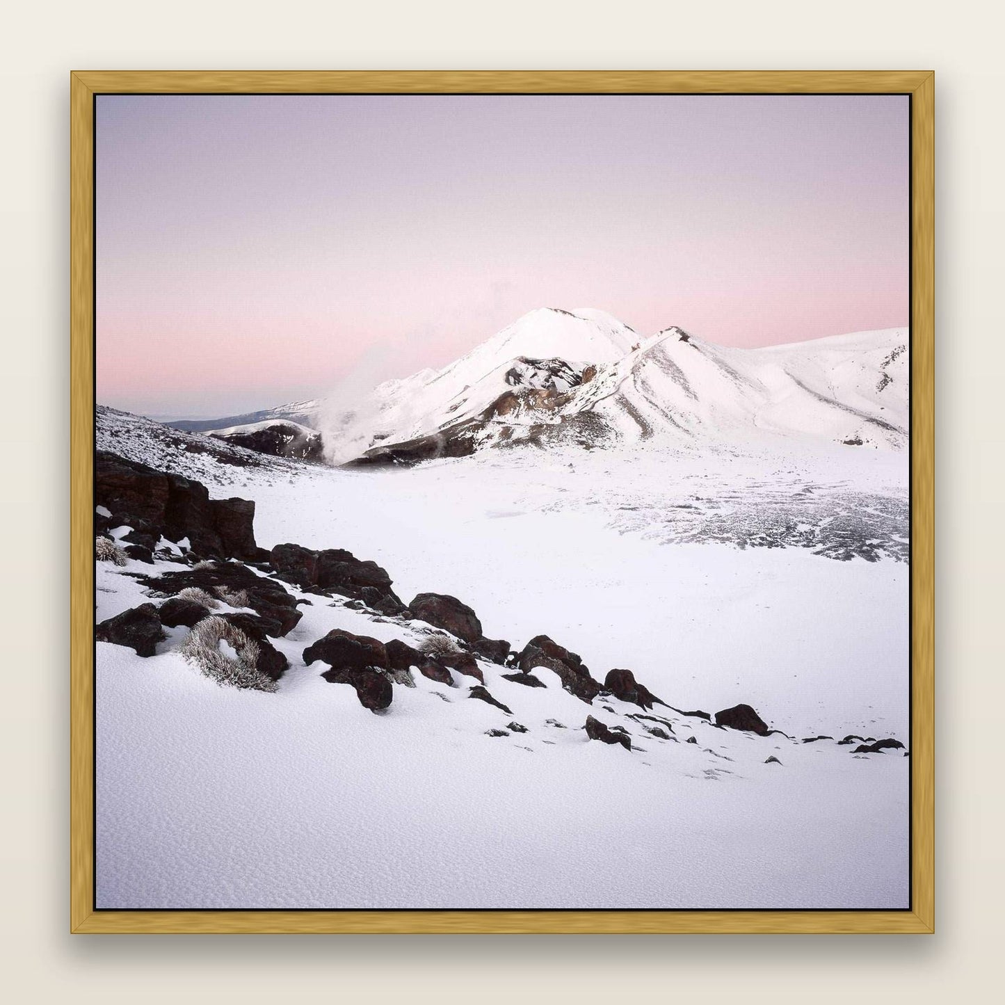 Ngauruhoe's Glow, Tongariro National Park — framed metallic canvas print, Antique Gold frame. New Zealand fine art landscape wall art by Stephen Milner.