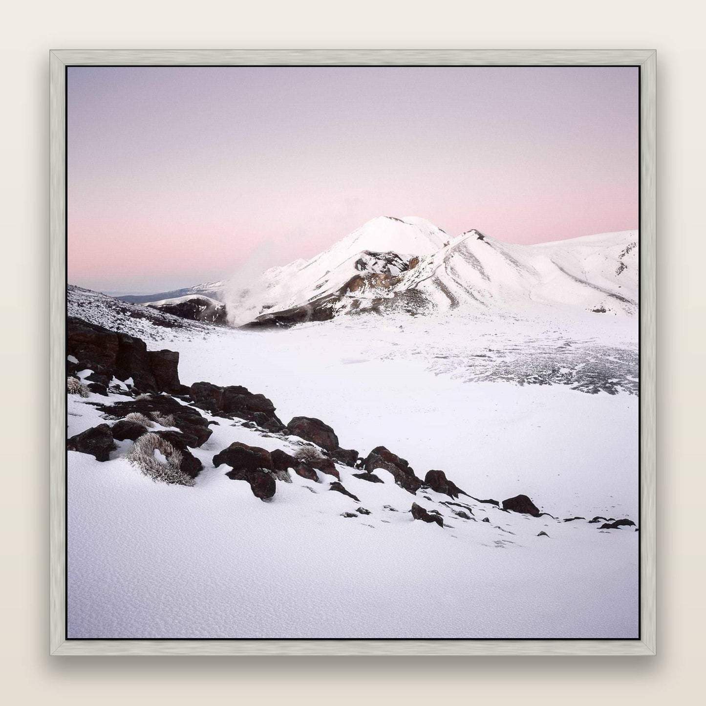 Ngauruhoe's Glow, Tongariro National Park — framed metallic canvas print, Antique Silver frame. New Zealand fine art landscape wall art by Stephen Milner.