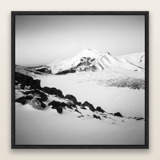 Ngauruhoe's Glow, Tongariro National Park, black and white framed metallic canvas print, Black frame. New Zealand fine art wall art by Stephen Milner.