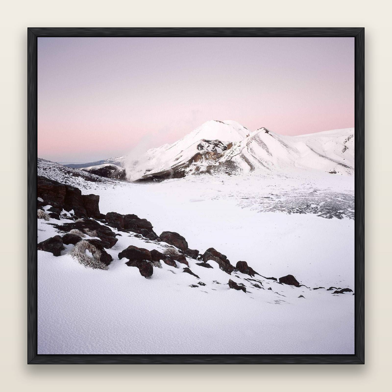 Ngauruhoe's Glow, Tongariro National Park — framed metallic canvas print, Black frame. New Zealand fine art landscape wall art by Stephen Milner.