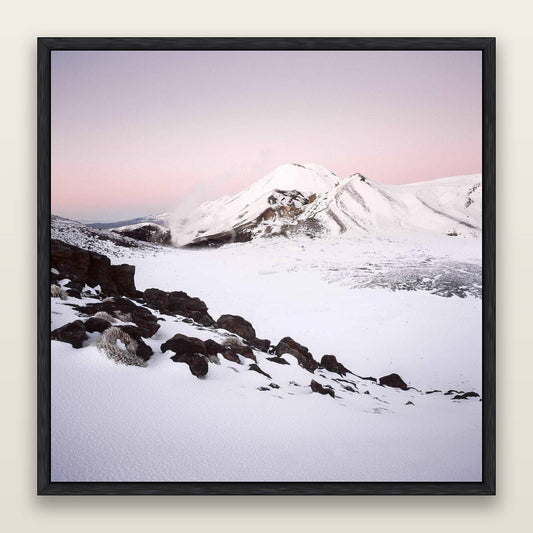 Ngauruhoe's Glow, Tongariro National Park — framed metallic canvas print, Black frame. New Zealand fine art landscape wall art by Stephen Milner.