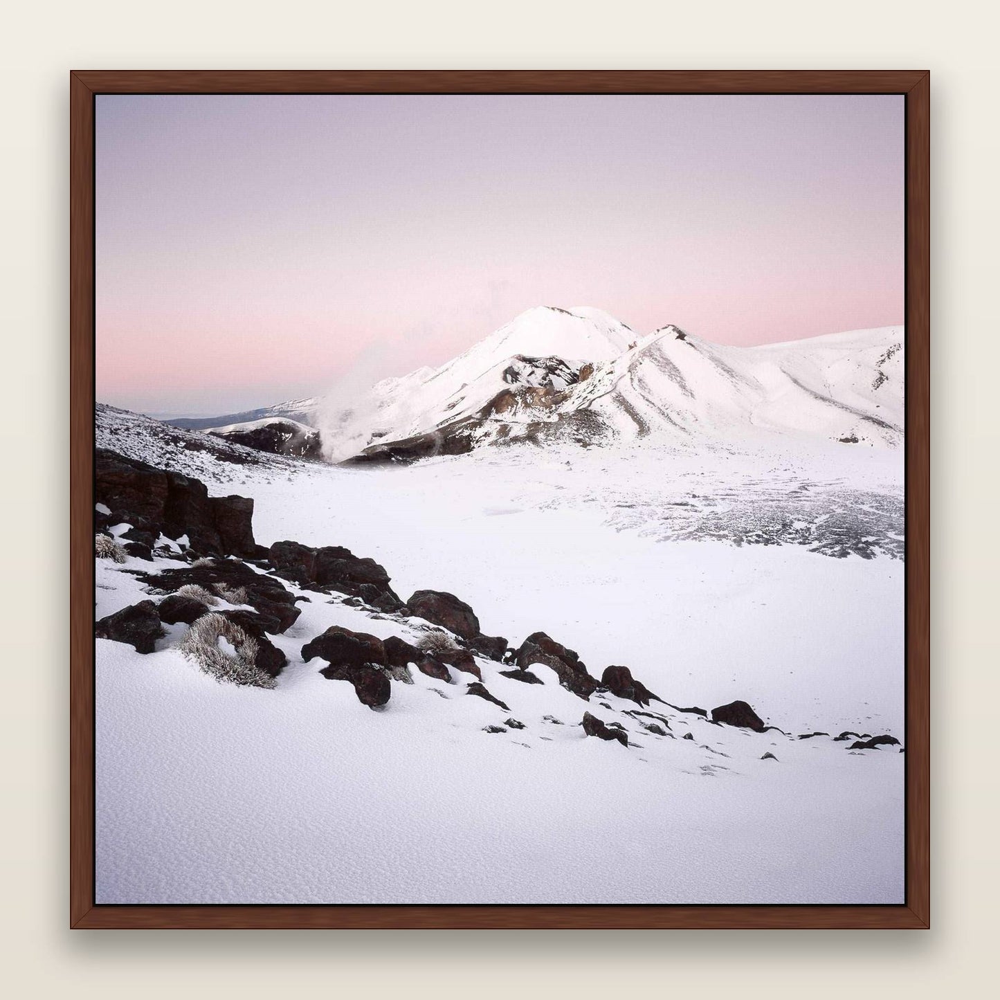 Ngauruhoe's Glow, Tongariro National Park — framed metallic canvas print, Brown frame. New Zealand fine art landscape wall art by Stephen Milner.