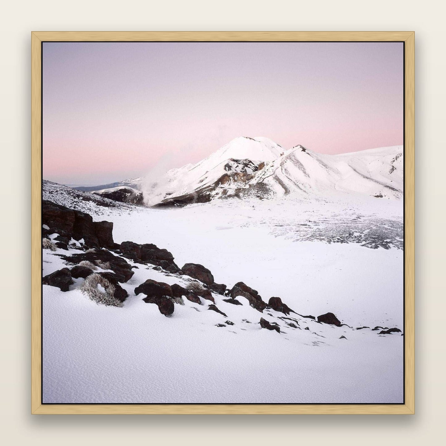 Ngauruhoe's Glow, Tongariro National Park — framed metallic canvas print, Natural frame. New Zealand fine art landscape wall art by Stephen Milner.