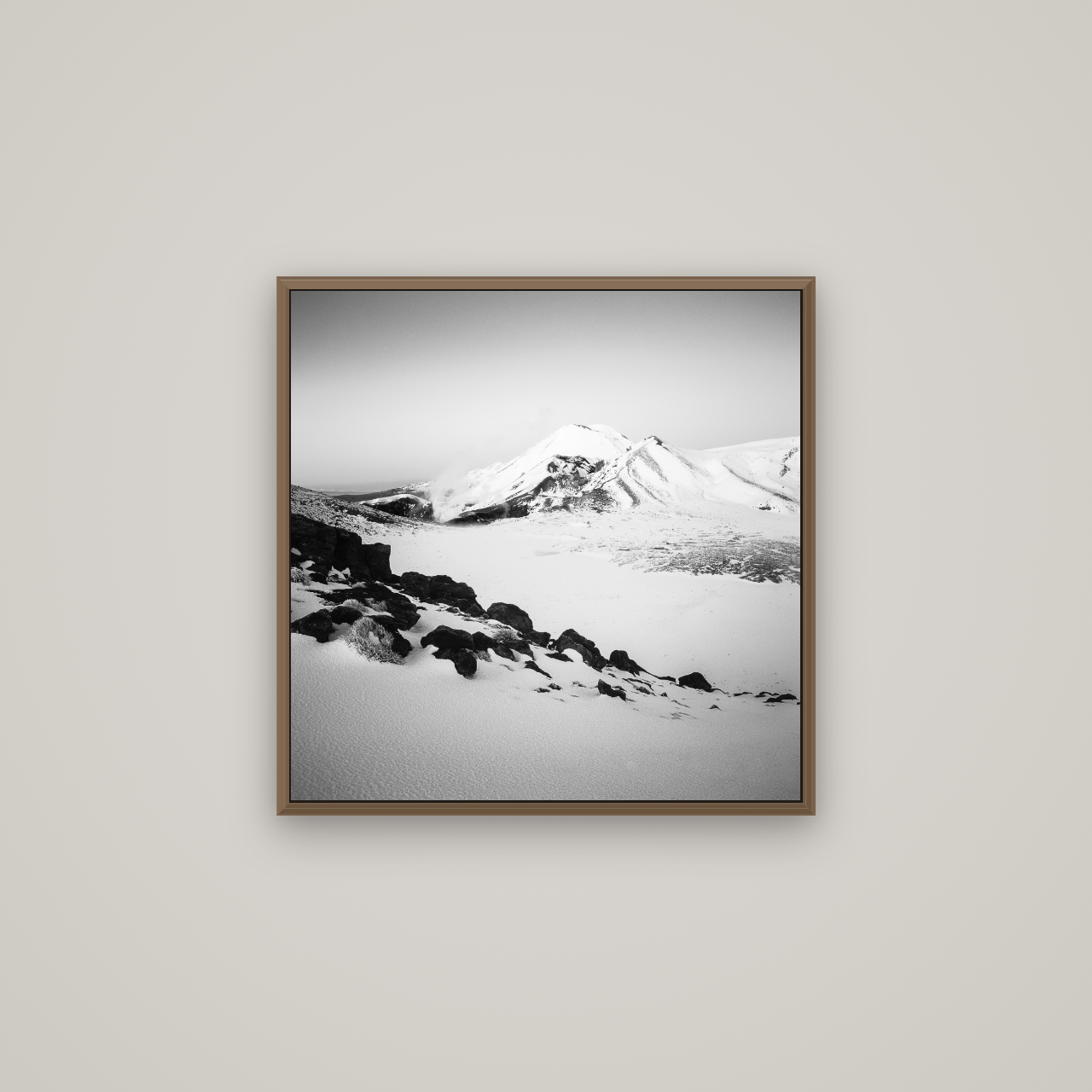 Ngauruhoe's Glow, Tongariro National Park, Basel Walnut, 60×60 cm. New Zealand fine art wall art by Stephen Milner.