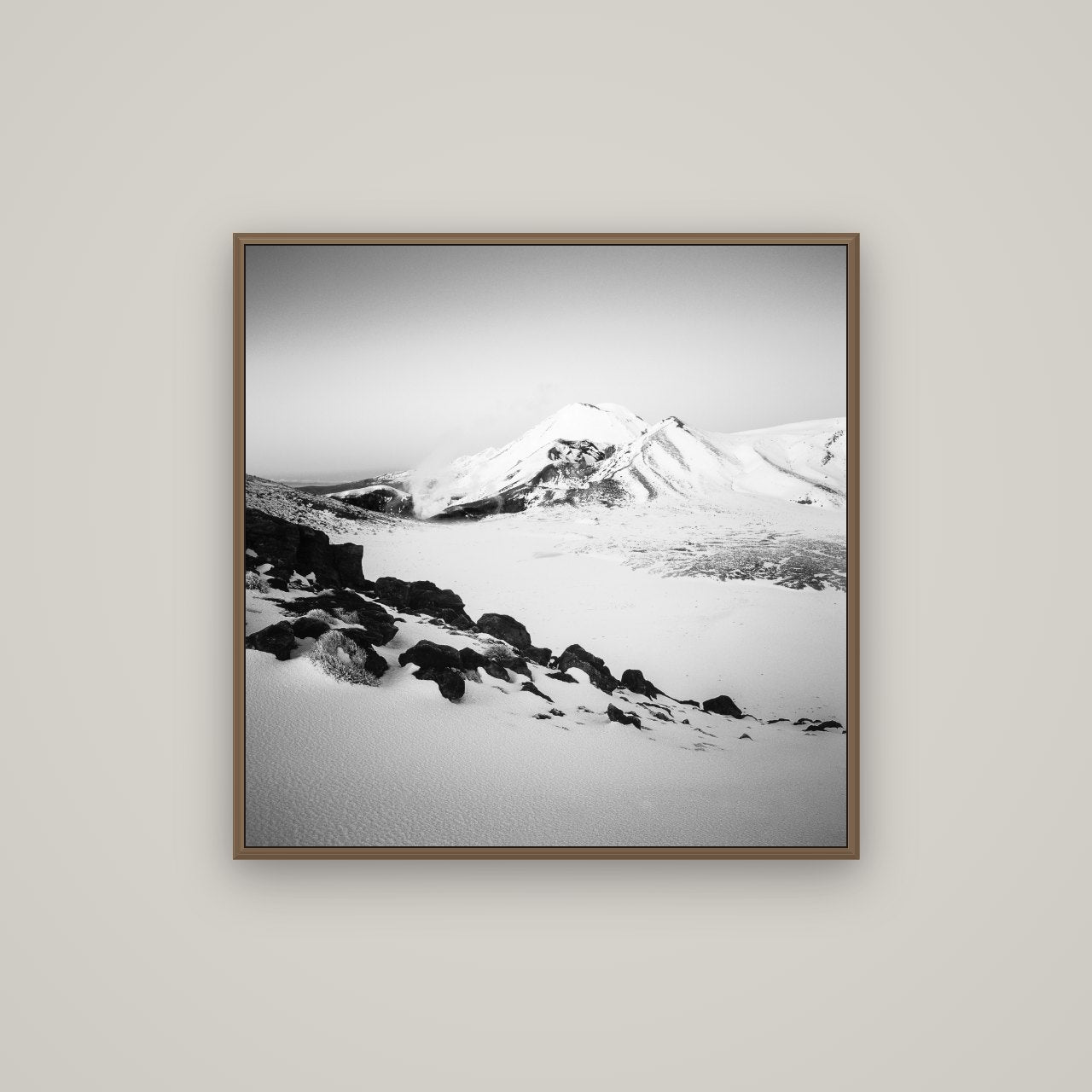 Ngauruhoe's Glow, Tongariro National Park, Basel Walnut, 80×80 cm. New Zealand fine art wall art by Stephen Milner.