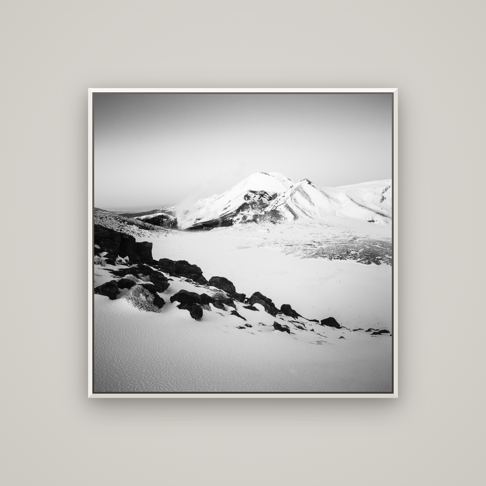 Ngauruhoe's Glow, Tongariro National Park — Basel White, 100×100 cm. New Zealand fine art wall art by Stephen Milner.