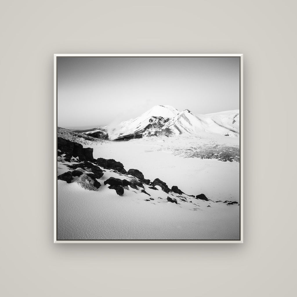 Ngauruhoe's Glow, Tongariro National Park — Basel White, 100×100 cm. New Zealand fine art wall art by Stephen Milner.