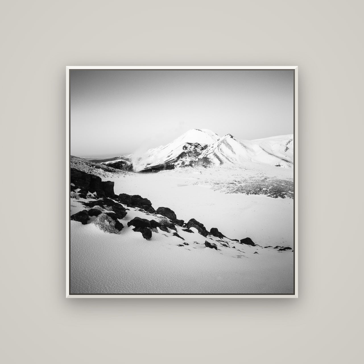 Ngauruhoe's Glow, Tongariro National Park — Basel White, 100×100 cm. New Zealand fine art wall art by Stephen Milner.