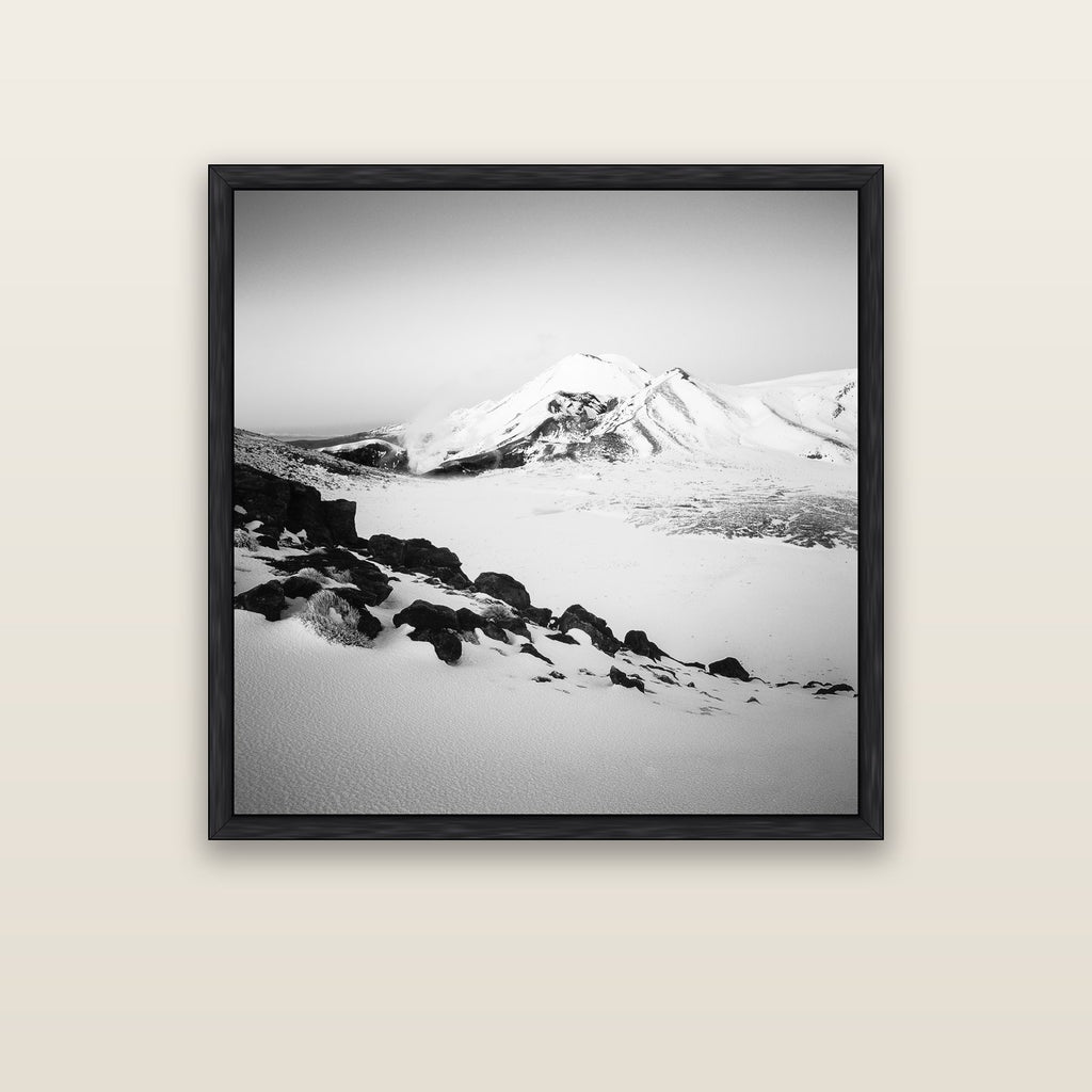 Ngauruhoe's Glow, Tongariro National Park — black float frame canvas, 102 × 102 cm. New Zealand fine art landscape wall art by Stephen Milner.