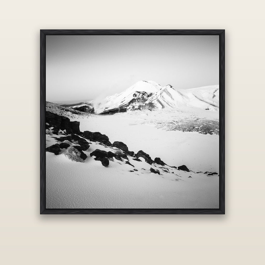 Ngauruhoe's Glow, Tongariro National Park — black float frame canvas, 127 × 127 cm. New Zealand fine art landscape wall art by Stephen Milner.
