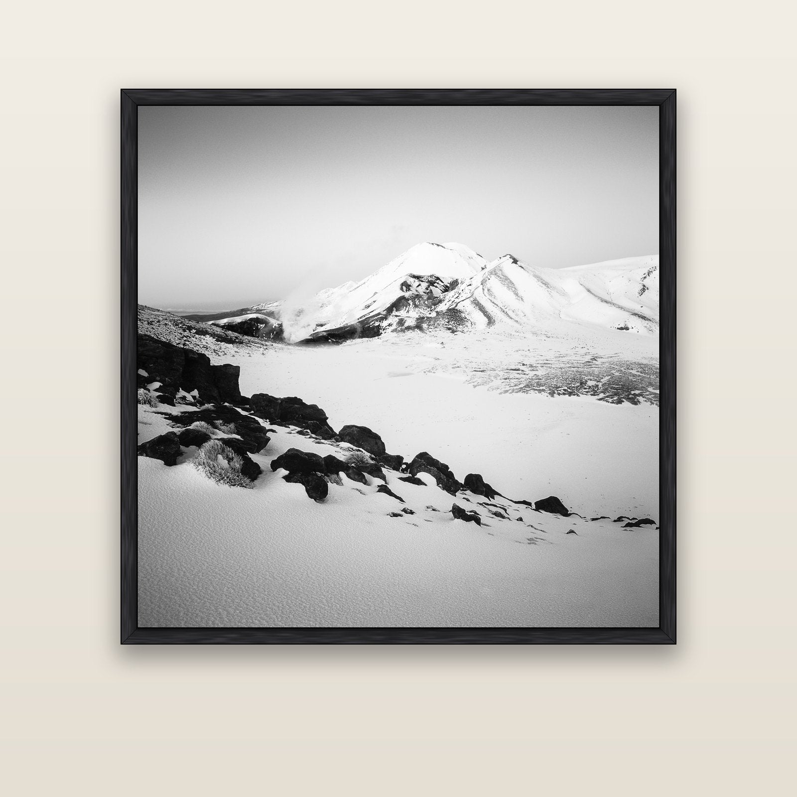 Ngauruhoe's Glow, Tongariro National Park — black float frame canvas, 127 × 127 cm. New Zealand fine art landscape wall art by Stephen Milner.