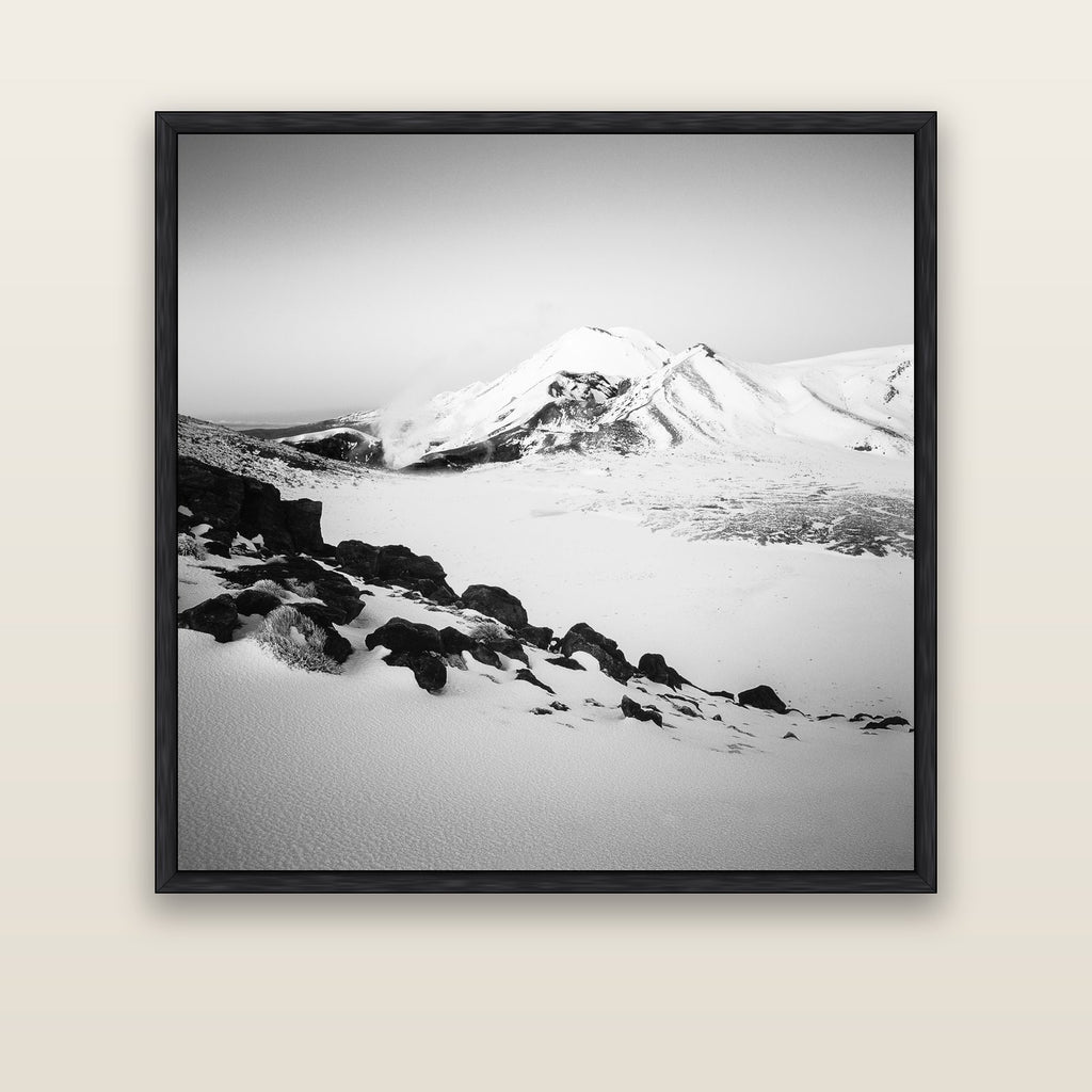 Ngauruhoe's Glow, Tongariro National Park — black float frame canvas, 133 × 133 cm. New Zealand fine art landscape wall art by Stephen Milner.