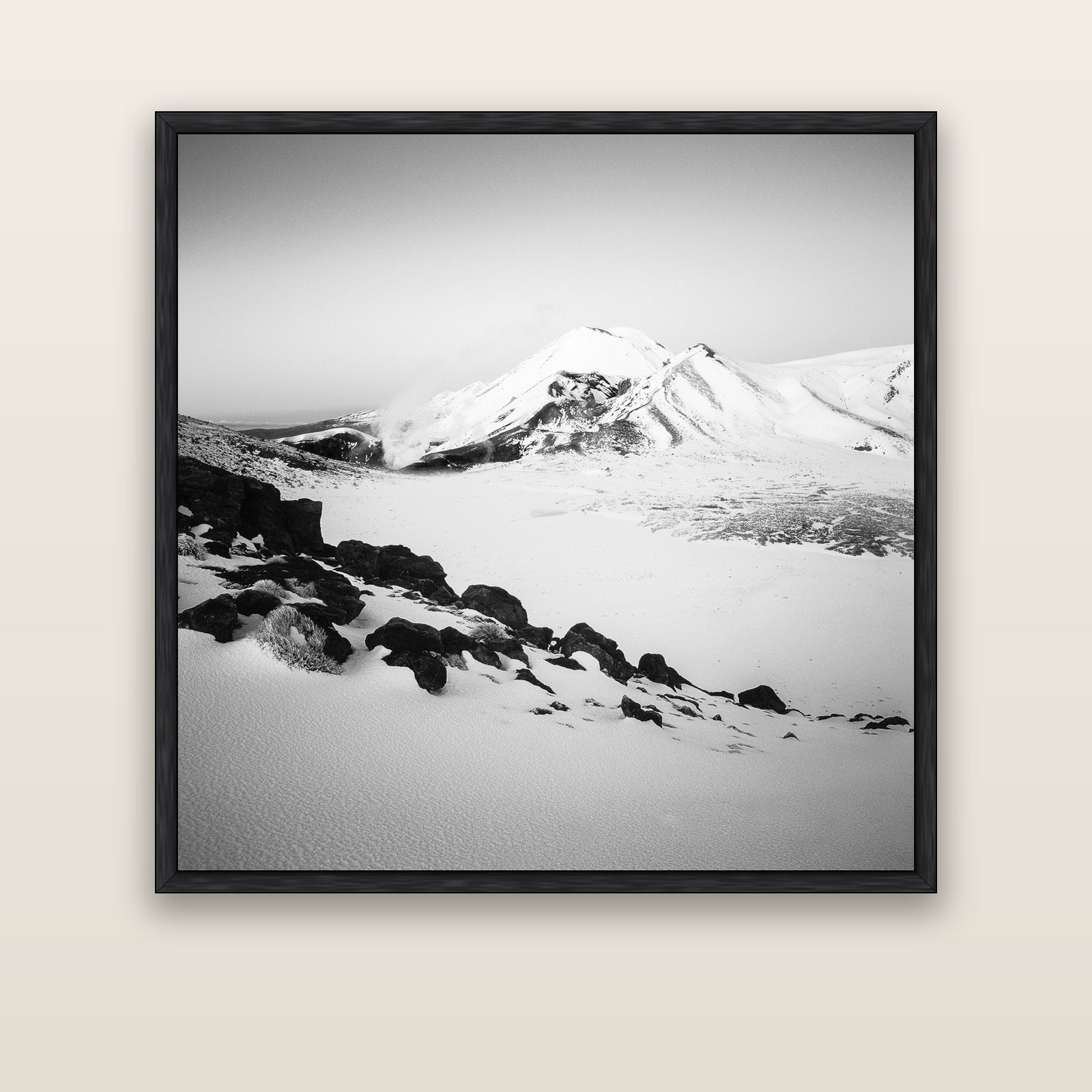 Ngauruhoe's Glow, Tongariro National Park — black float frame canvas, 133 × 133 cm. New Zealand fine art landscape wall art by Stephen Milner.