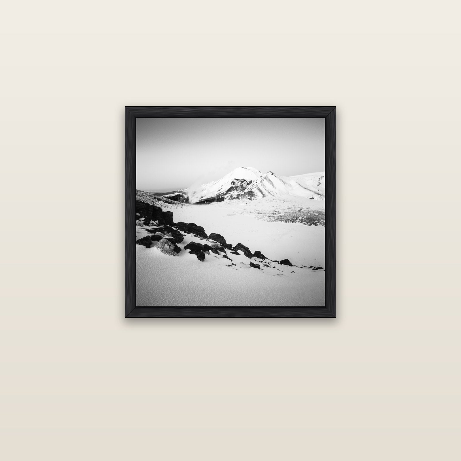 Ngauruhoe's Glow, Tongariro National Park — black float frame canvas, 51 × 51 cm. New Zealand fine art landscape wall art by Stephen Milner.
