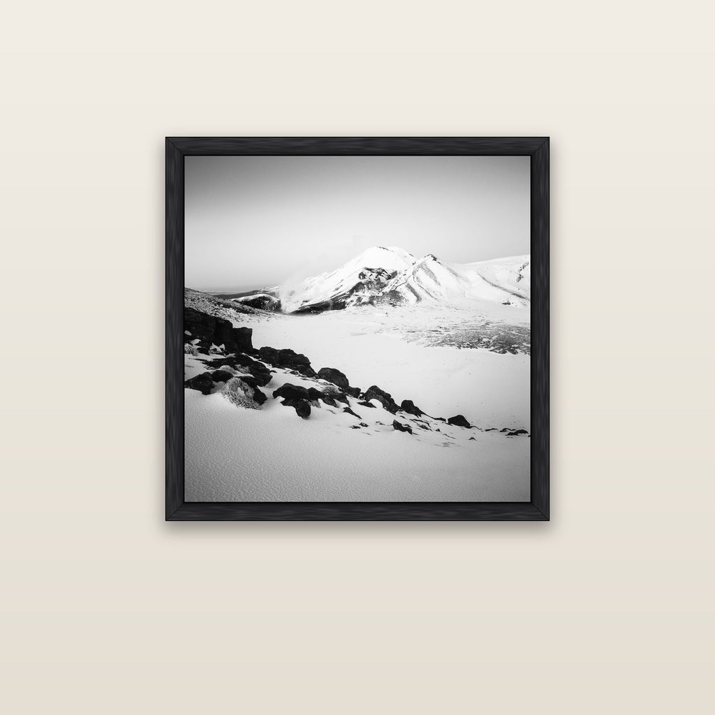 Ngauruhoe's Glow, Tongariro National Park — black float frame canvas, 76 × 76 cm. New Zealand fine art landscape wall art by Stephen Milner.