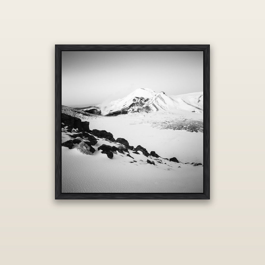 Ngauruhoe's Glow, Tongariro National Park — black float frame canvas, 91 × 91 cm. New Zealand fine art landscape wall art by Stephen Milner.