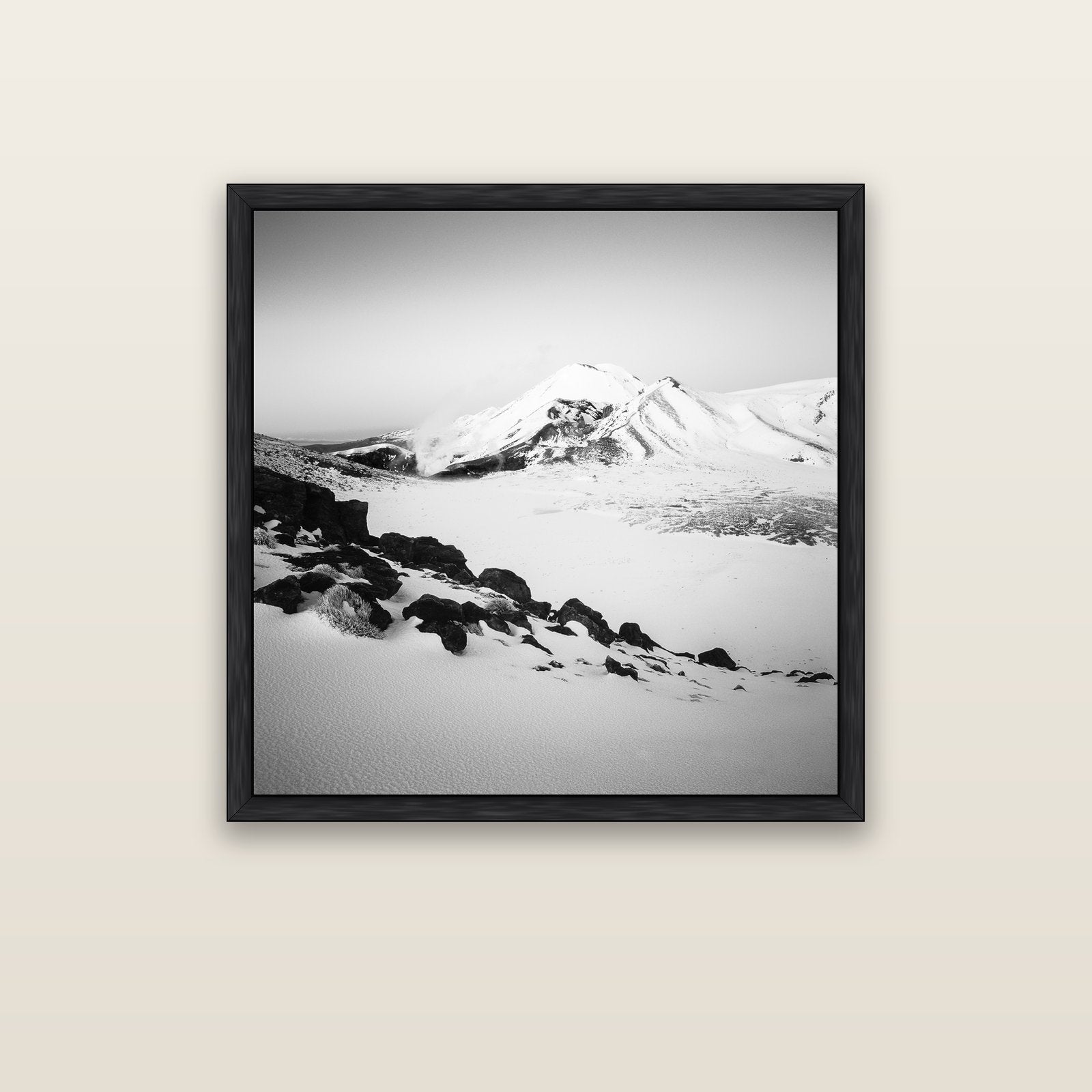 Ngauruhoe's Glow, Tongariro National Park — black float frame canvas, 91 × 91 cm. New Zealand fine art landscape wall art by Stephen Milner.
