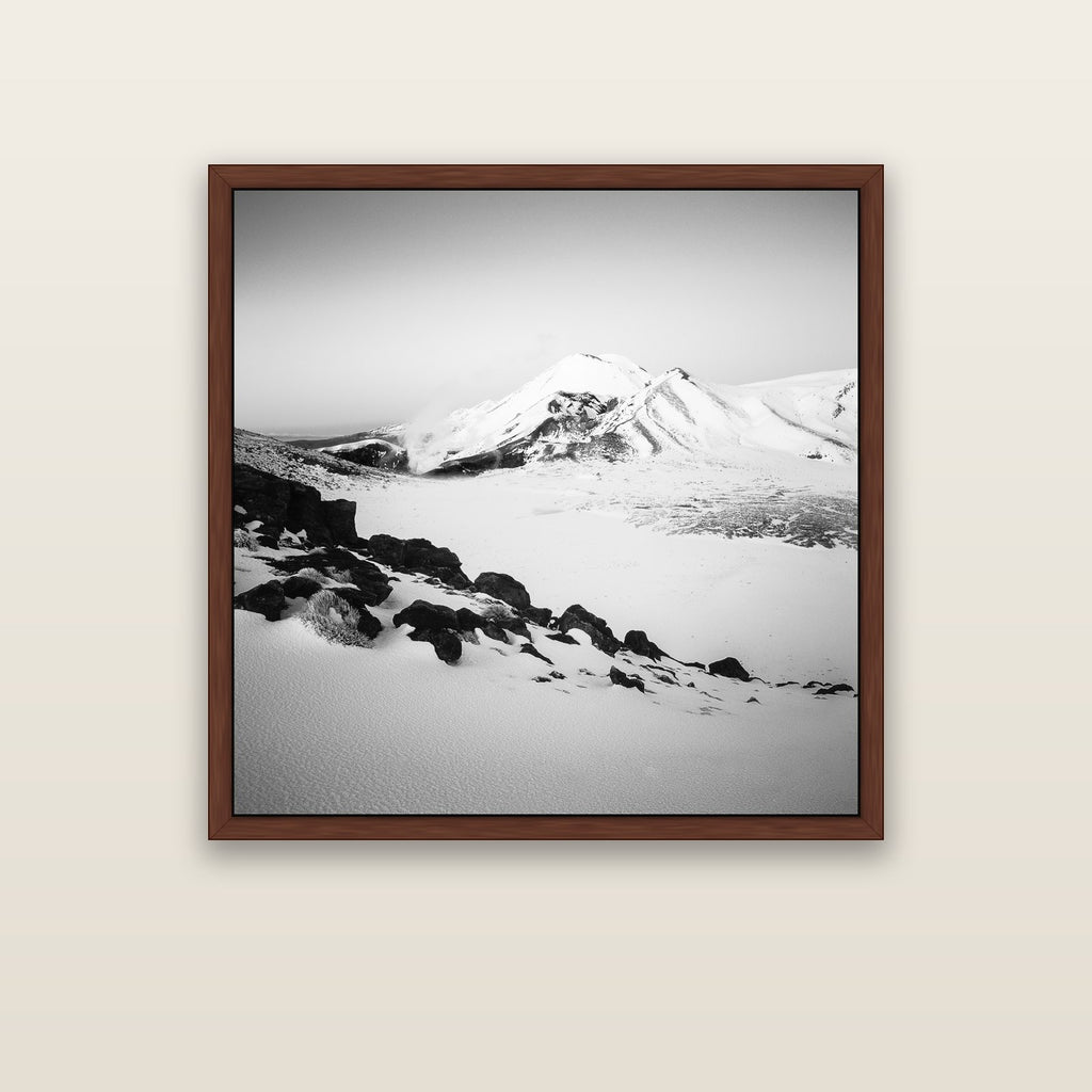 Ngauruhoe's Glow, Tongariro National Park — brown float frame canvas, 102 × 102 cm. New Zealand fine art landscape wall art by Stephen Milner.
