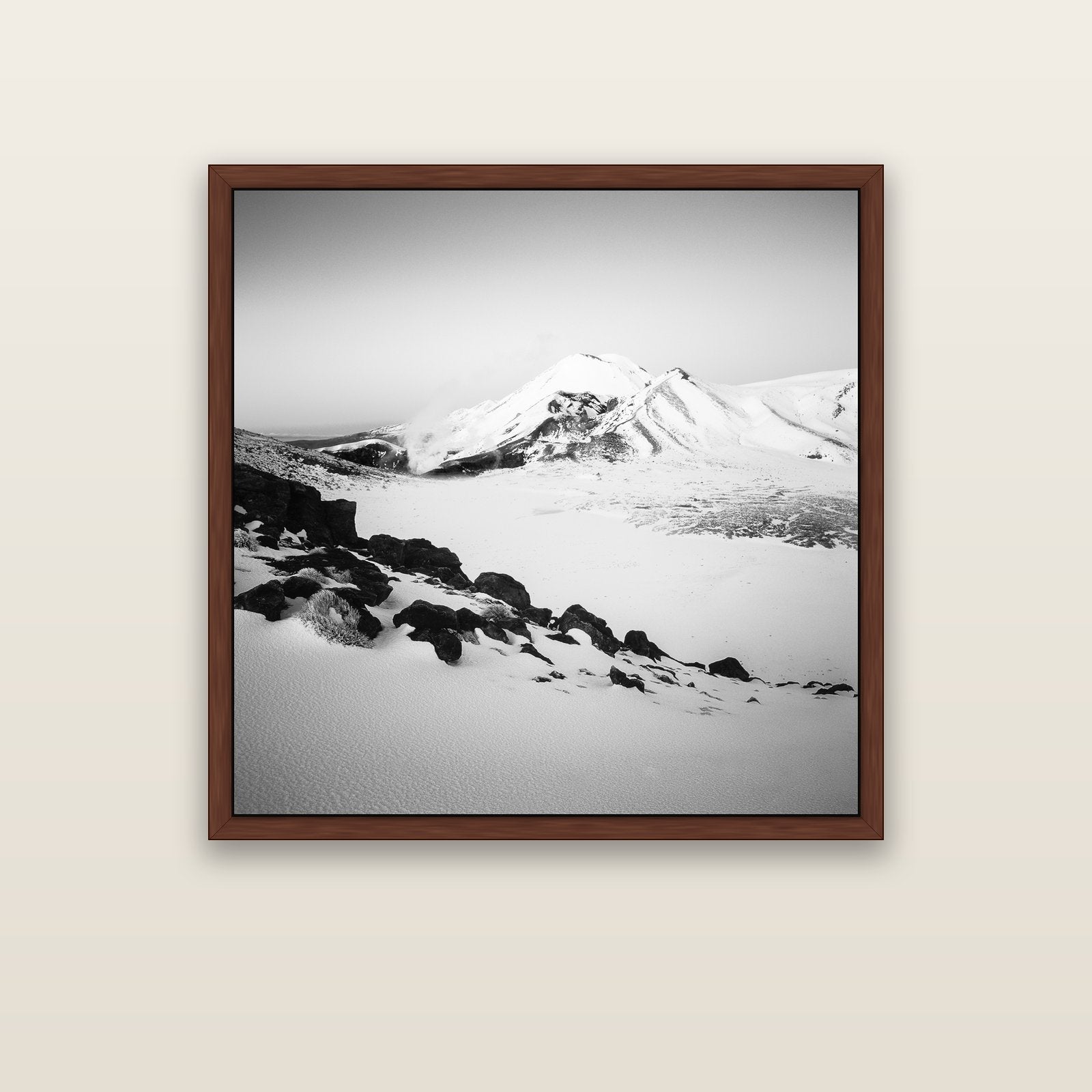 Ngauruhoe's Glow, Tongariro National Park — brown float frame canvas, 102 × 102 cm. New Zealand fine art landscape wall art by Stephen Milner.