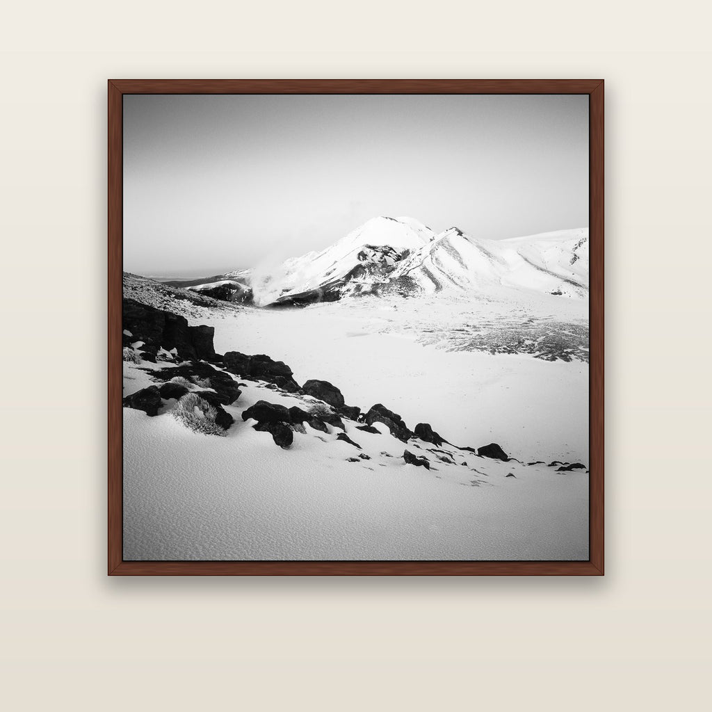 Ngauruhoe's Glow, Tongariro National Park — brown float frame canvas, 127 × 127 cm. New Zealand fine art landscape wall art by Stephen Milner.
