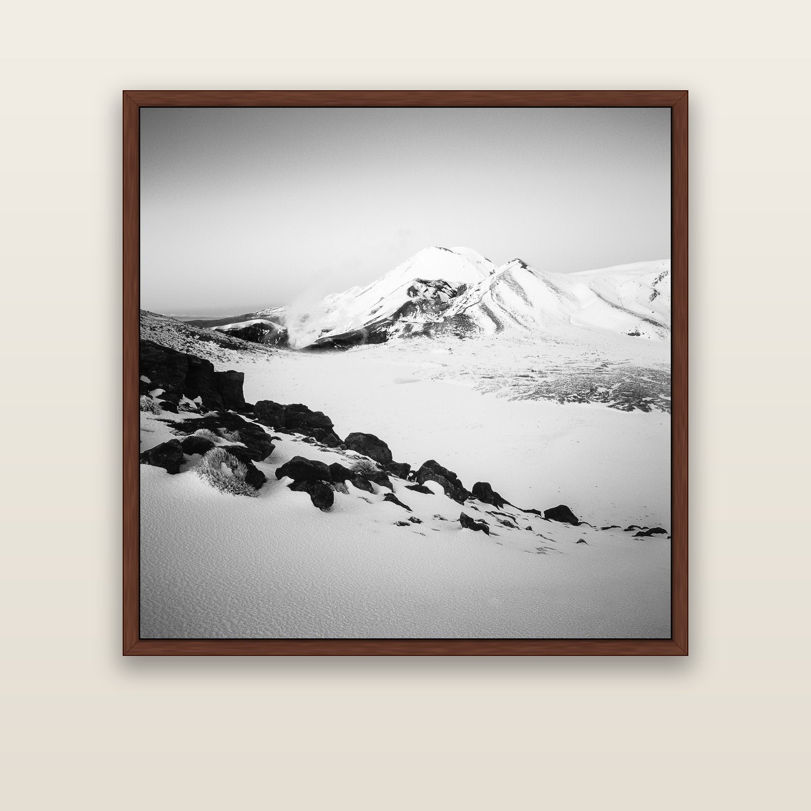 Ngauruhoe's Glow, Tongariro National Park — brown float frame canvas, 127 × 127 cm. New Zealand fine art landscape wall art by Stephen Milner.