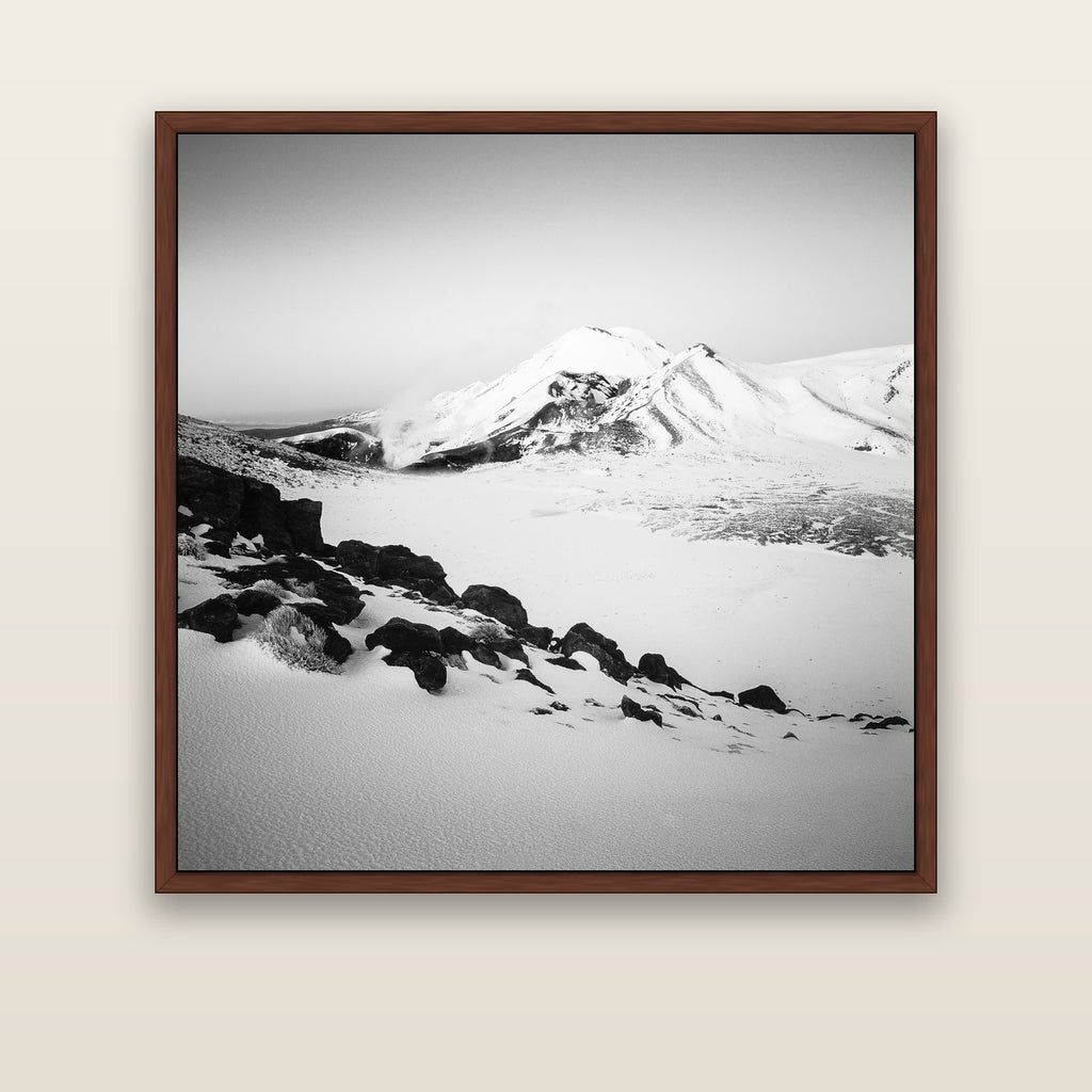 Ngauruhoe's Glow, Tongariro National Park — brown float frame canvas, 133 × 133 cm. New Zealand fine art landscape wall art by Stephen Milner.