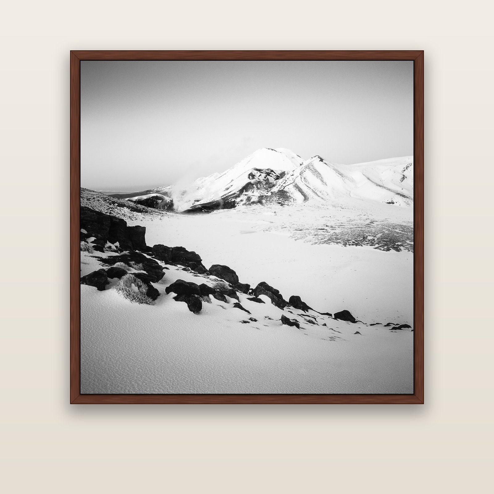 Ngauruhoe's Glow, Tongariro National Park — brown float frame canvas, 133 × 133 cm. New Zealand fine art landscape wall art by Stephen Milner.