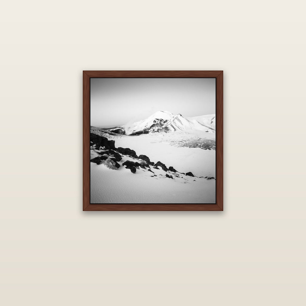 Ngauruhoe's Glow, Tongariro National Park — brown float frame canvas, 51 × 51 cm. New Zealand fine art landscape wall art by Stephen Milner.