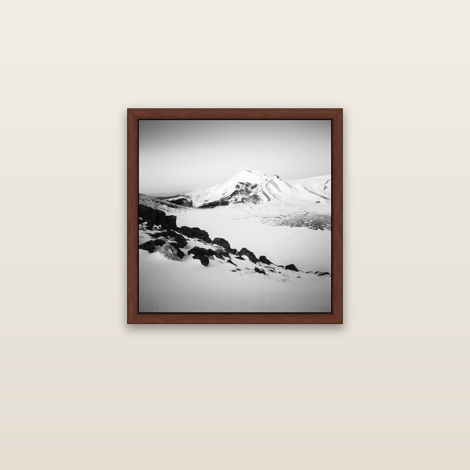 Ngauruhoe's Glow, Tongariro National Park — brown float frame canvas, 51 × 51 cm. New Zealand fine art landscape wall art by Stephen Milner.