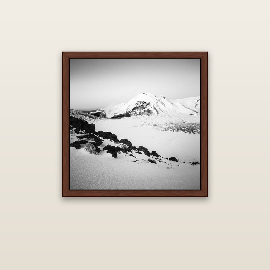 Ngauruhoe's Glow, Tongariro National Park — brown float frame canvas, 76 × 76 cm. New Zealand fine art landscape wall art by Stephen Milner.
