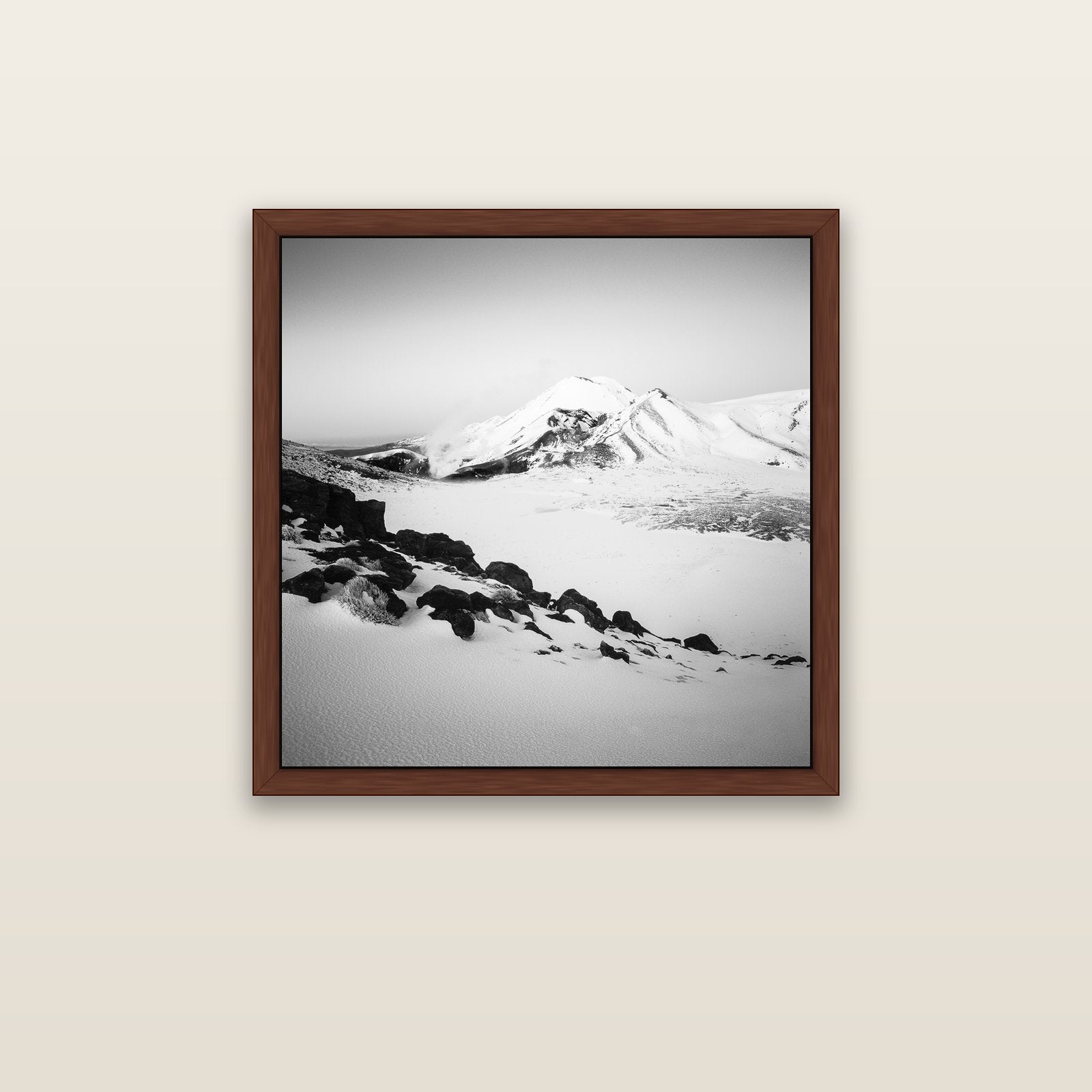 Ngauruhoe's Glow, Tongariro National Park — brown float frame canvas, 76 × 76 cm. New Zealand fine art landscape wall art by Stephen Milner.