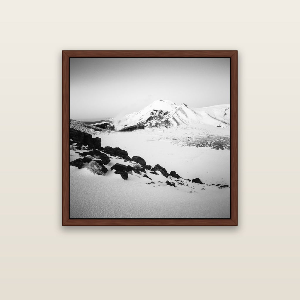Ngauruhoe's Glow, Tongariro National Park — brown float frame canvas, 91 × 91 cm. New Zealand fine art landscape wall art by Stephen Milner.