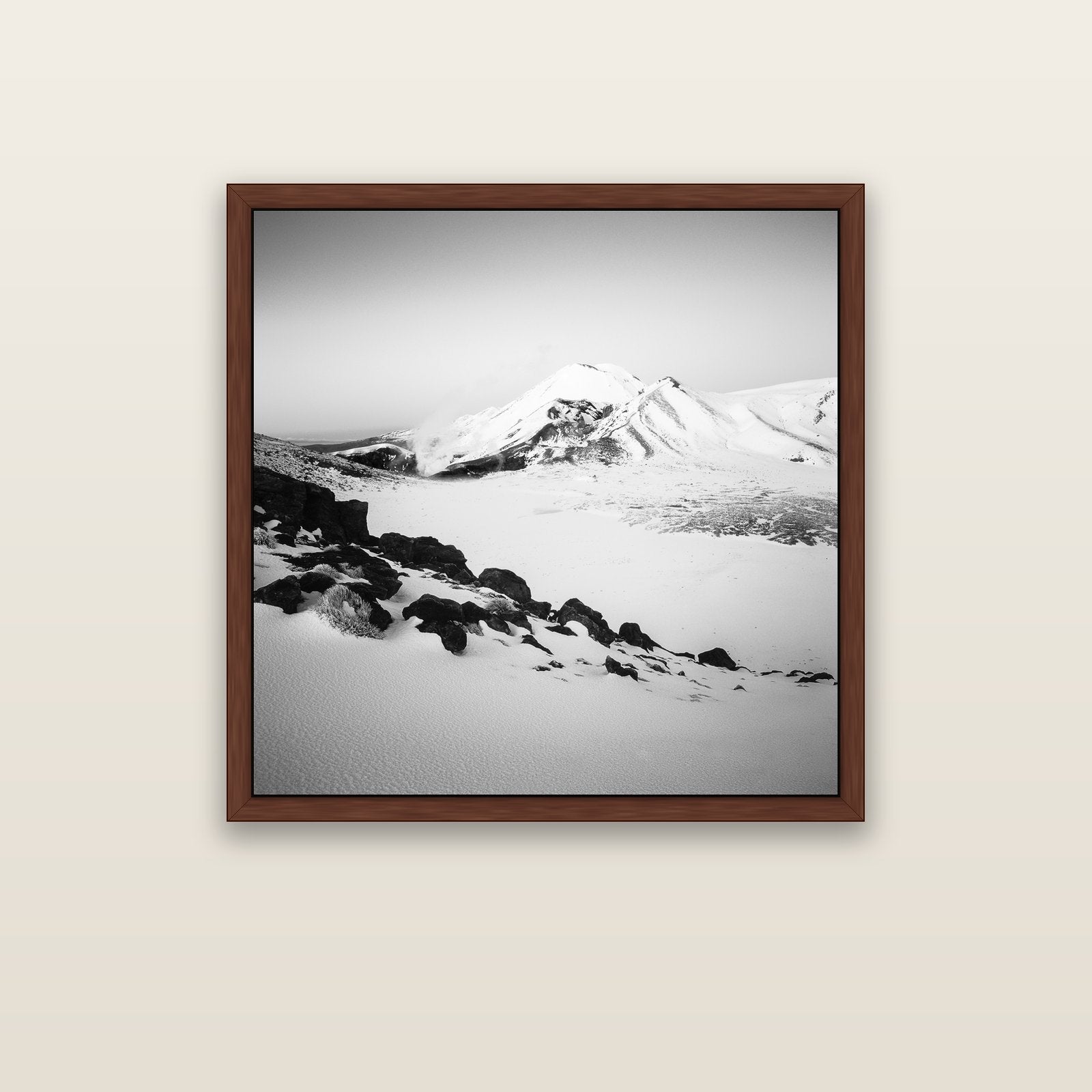 Ngauruhoe's Glow, Tongariro National Park — brown float frame canvas, 91 × 91 cm. New Zealand fine art landscape wall art by Stephen Milner.