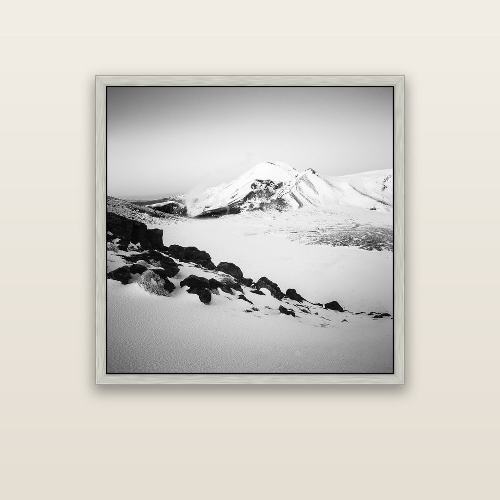 Ngauruhoe's Glow, Tongariro National Park — silver float frame canvas, 102 × 102 cm. New Zealand fine art landscape wall art by Stephen Milner.