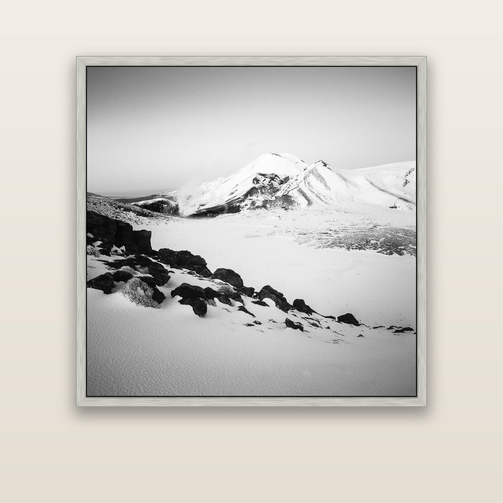 Ngauruhoe's Glow, Tongariro National Park — silver float frame canvas, 127 × 127 cm. New Zealand fine art landscape wall art by Stephen Milner.