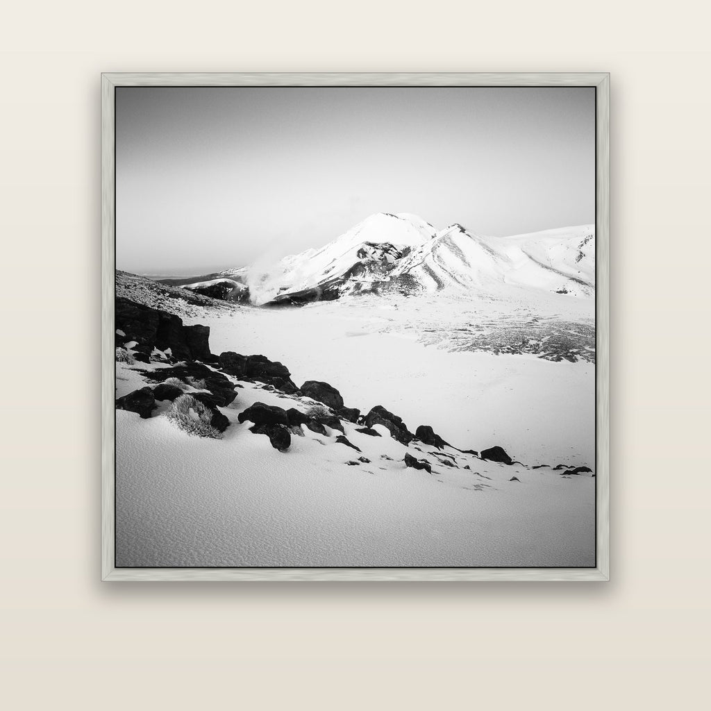 Ngauruhoe's Glow, Tongariro National Park — silver float frame canvas, 133 × 133 cm. New Zealand fine art landscape wall art by Stephen Milner.
