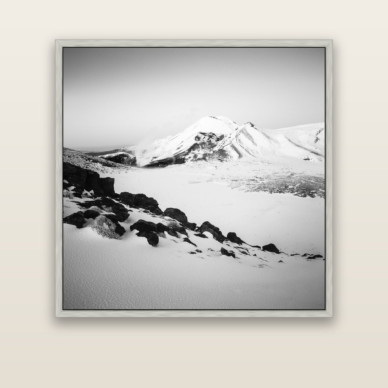 Ngauruhoe's Glow, Tongariro National Park — silver float frame canvas, 133 × 133 cm. New Zealand fine art landscape wall art by Stephen Milner.