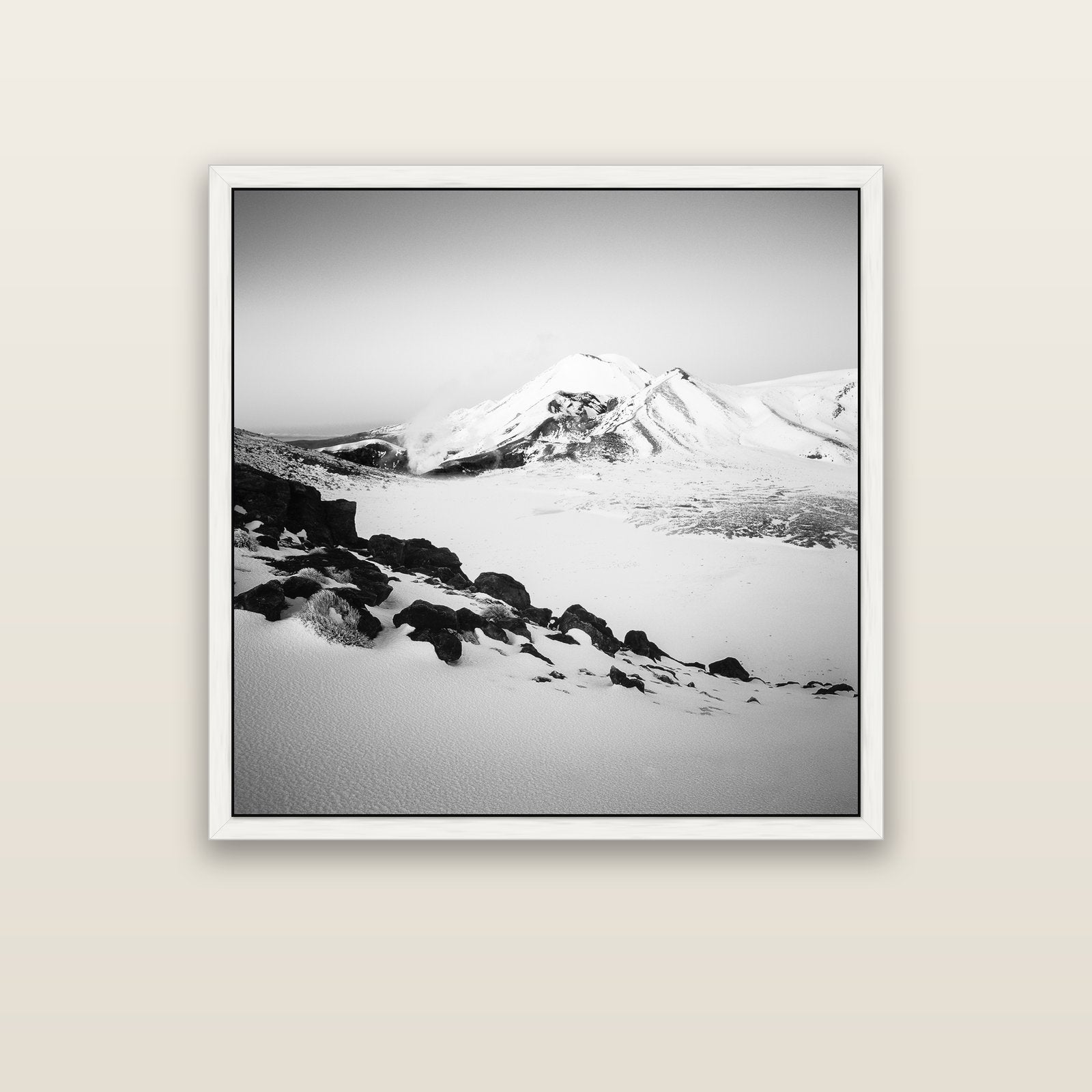 Ngauruhoe's Glow, Tongariro National Park — white float frame canvas, 102 × 102 cm. New Zealand fine art landscape wall art by Stephen Milner.