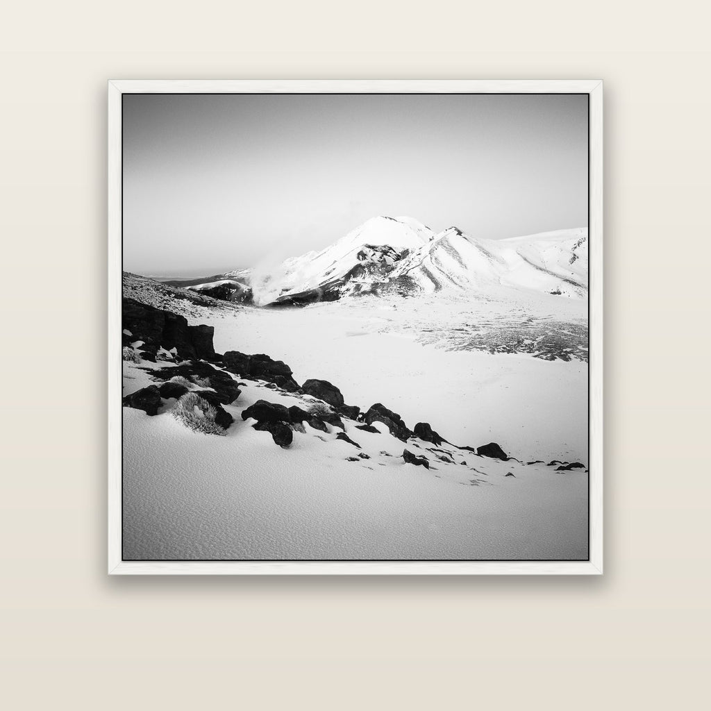 Ngauruhoe's Glow, Tongariro National Park — white float frame canvas, 127 × 127 cm. New Zealand fine art landscape wall art by Stephen Milner.
