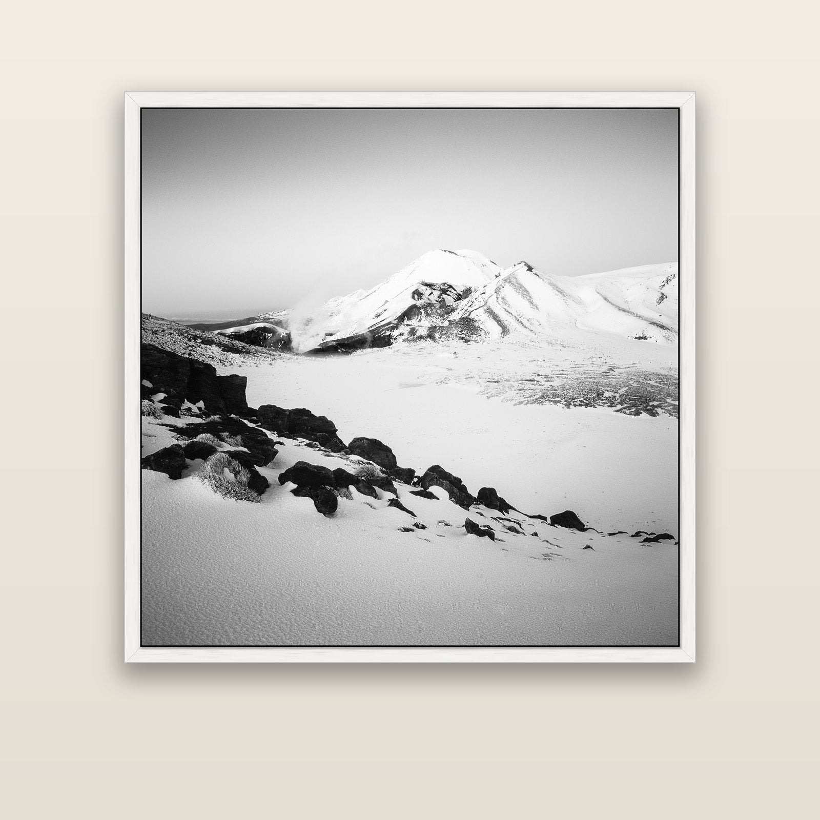 Ngauruhoe's Glow, Tongariro National Park — white float frame canvas, 127 × 127 cm. New Zealand fine art landscape wall art by Stephen Milner.